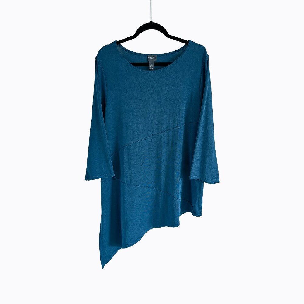 Chicos Travelers Teal Asymmetrical Tunic Top 3 16 XL Wrinkle Free Office Coastal